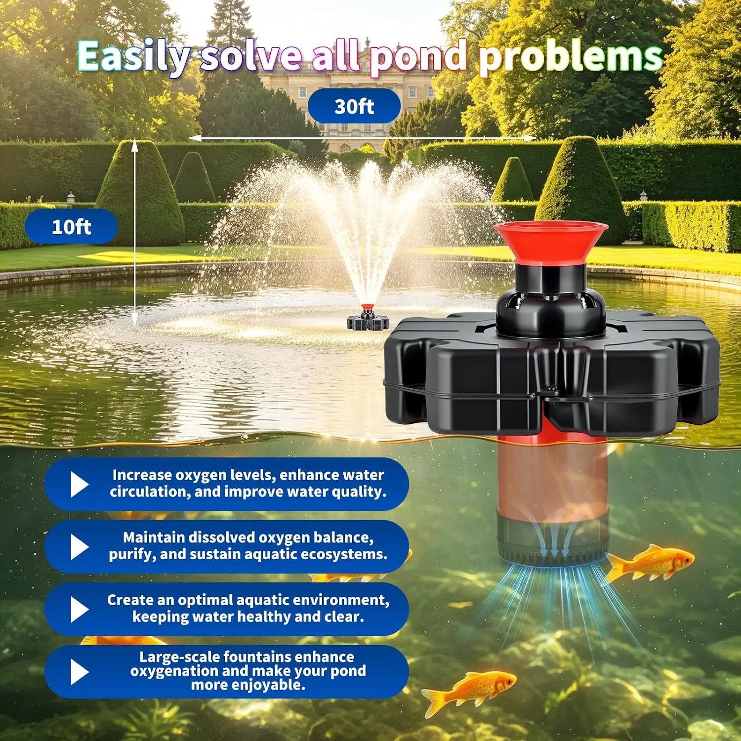 1HP RGB LED Pond Fountain Remote Control Dynamic Color Changing Stainless Steel Rotor AllCopper Motor Garden Outdoor Pond
