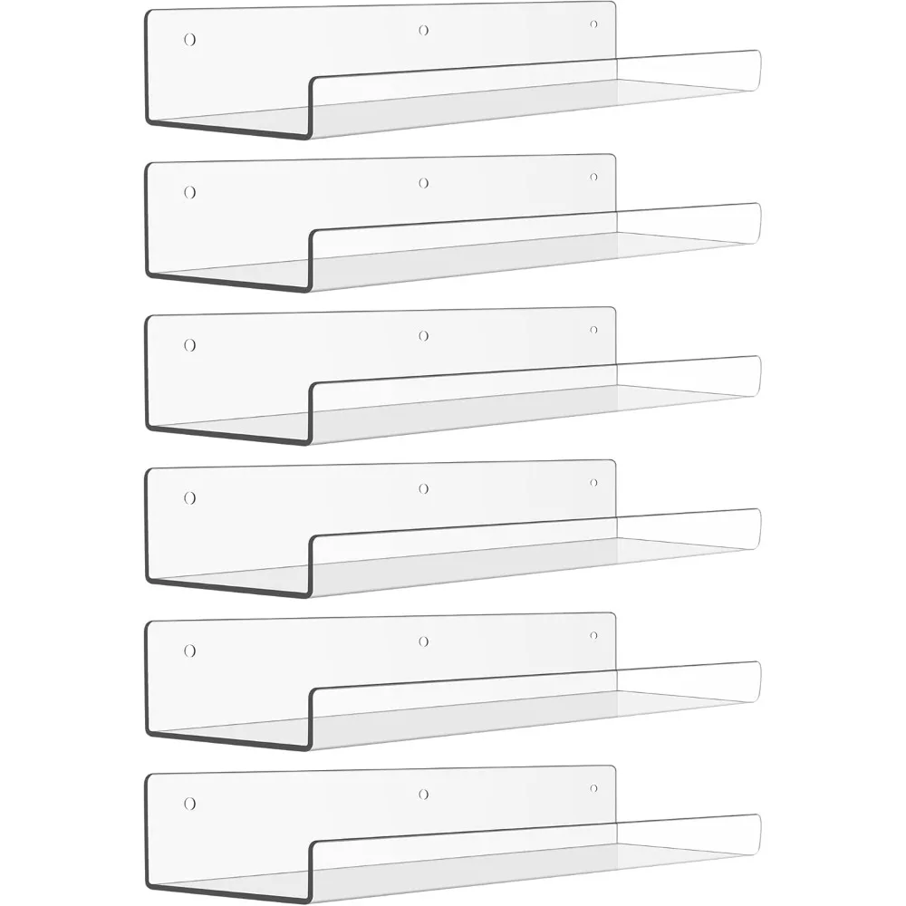 

6 упаковок акриловых полков для настенного хранения, плавающие книжные полки для детей размером 15 x 4 дюйма, органайзер для витрины для ванной комнаты, спальни,