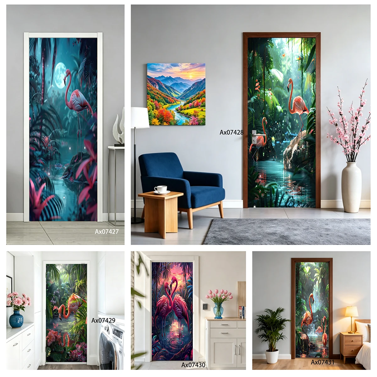 Jungle Flamingo Door Decal Waterproof Removable Tropical Pond Pink Flamingo Floral Scenery Bedroom Entryway Door Wall Art Decor