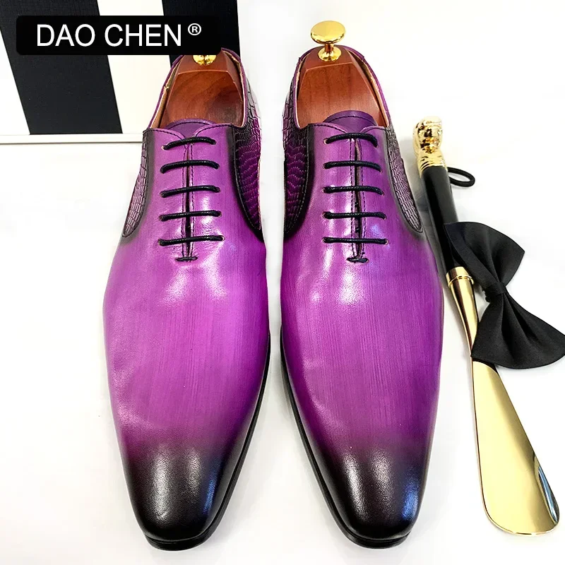 LUXURY MEN OXFORD SHOES PURPLE BLACK SNAKE SKIN PRINT MENS DRESS SHOES LACE UP POINTED TOE POLISH REAL LEATHER SHOES MEN