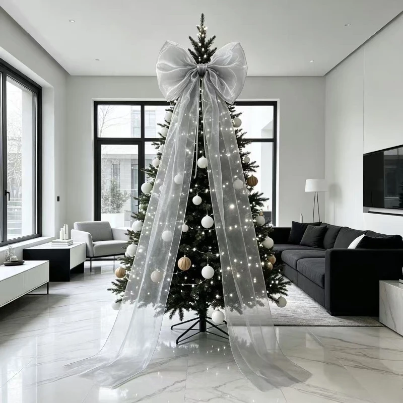 190cm Giant Christmas Tree Topper Bow - Handmade Multi-Layer Organza Bows & Ribbons, White Beige Grey Minimalist Extra Large Tre