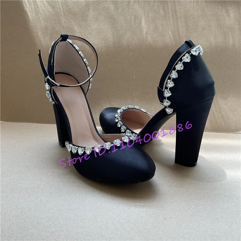 Black Satin Heart Crystal Women's Sandals Round Toe Ankle Strap Chunky High Heels Sandals Summer New Party Banquet Dress Shoes