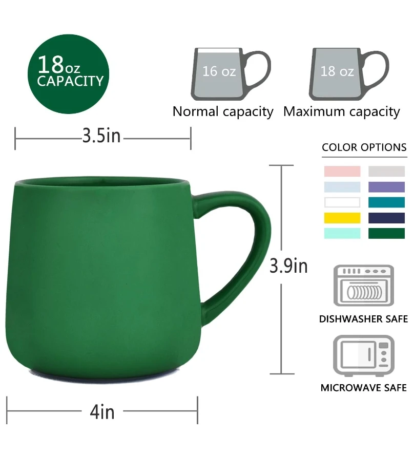 Dark green large gloss ceramic coffee cup - Office and home teacups, microwave and dishwasher safe, 18 oz single pack