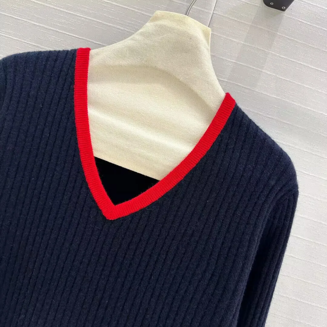 Contast Color V-neck Long Sleeve Navy Color Knitted Jumper Women Casual Cashmere Preppy Style Pullover Sweet Sweater