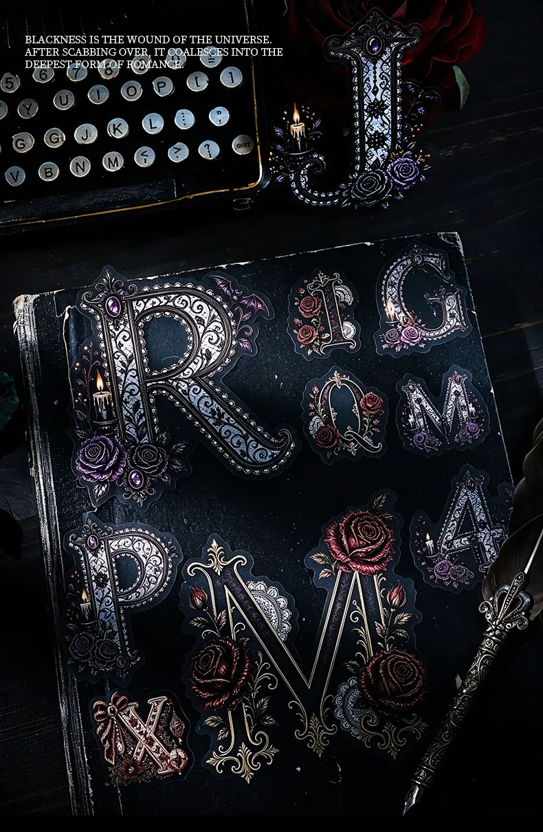 Journal GO 36 Stück Dark Symbol Gothic PET-Aufkleber, verzierte Alphabet- und Zahlen-Abziehbilder für Journaling, Scrapbooking, Planer & DIY-Bastelarbeiten – Detail 1