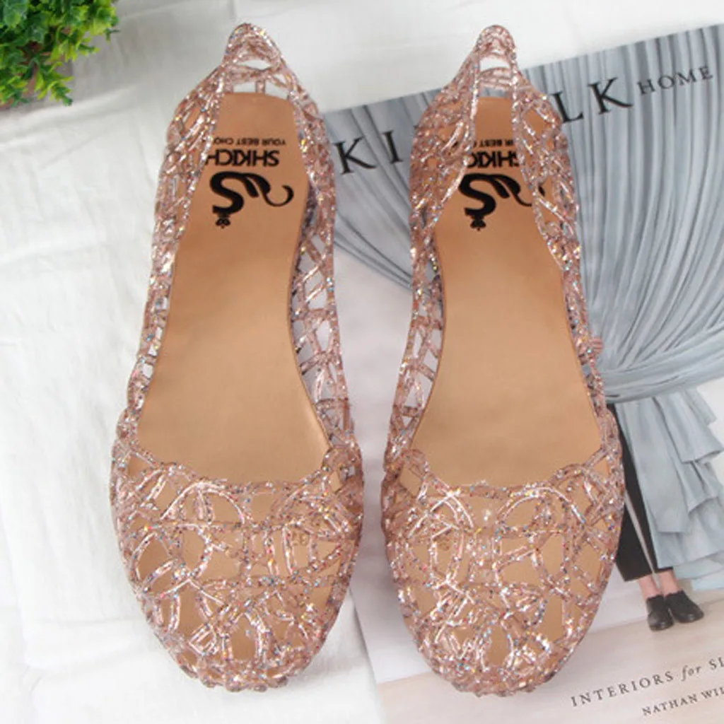 Women Bling Jelly Sandals Summer Flats Shoes New Casual Female Mesh Fashion Hollow Out Slip on Ladies Shoe Comfortable Footwear