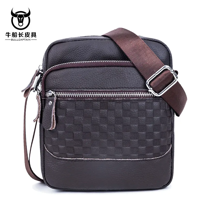 Men's vertical genuine leather square zipper single-shoulder crossbody portable phone bag, single-shoulder bag and travel bag