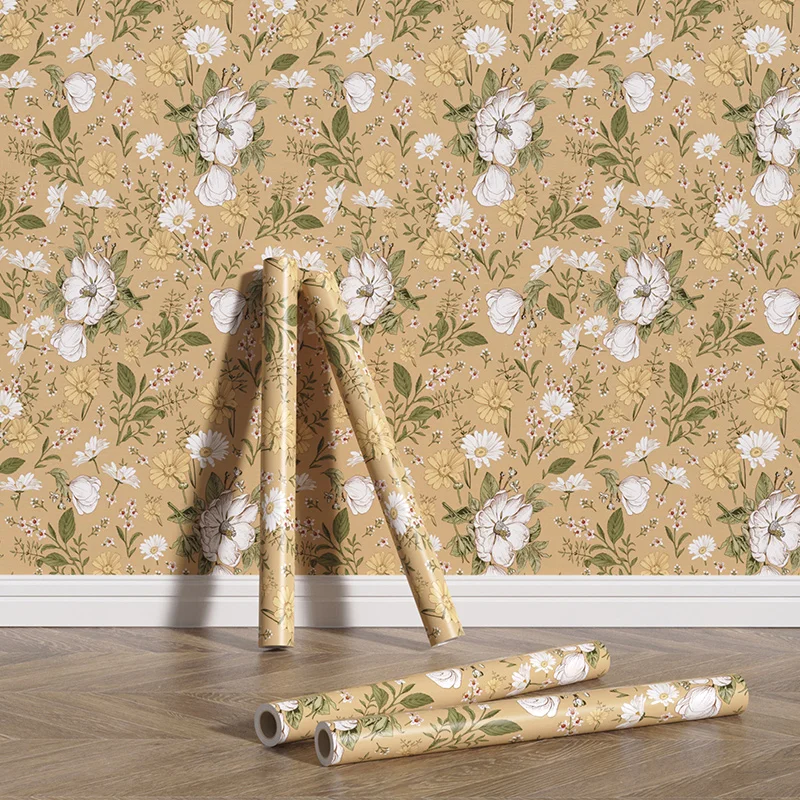 Yellow Floral Peel And Stick Wallpaper Gold Flowers Self-adhesive Removable PVC Home Decor Sticker Retro Crush Vinyl Wallpaper