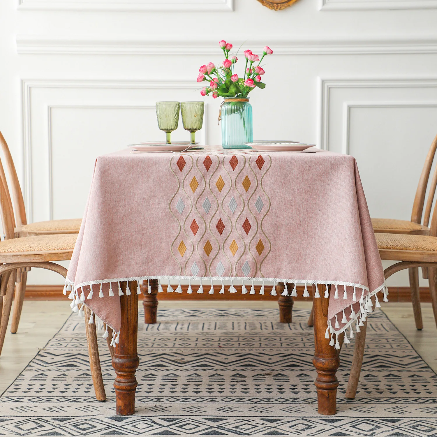 Floral Plaid Tablecloth, Pastoral Decorative Linen, White Tablecloth, Rectangular Table Cloth, Wedding Dining Table Cover