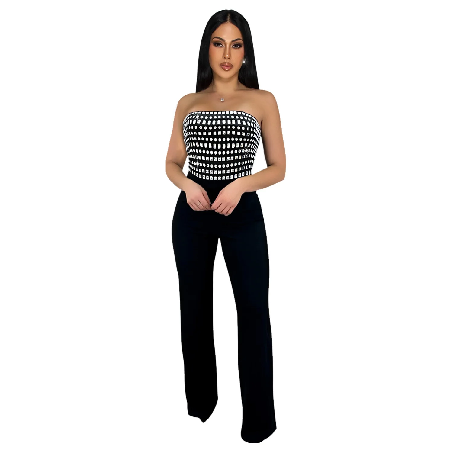 

Hot Stamping Jumpsuit Sexy Strapless Straight Leg Solid Color Pants Summer New Women's Clothing C7343