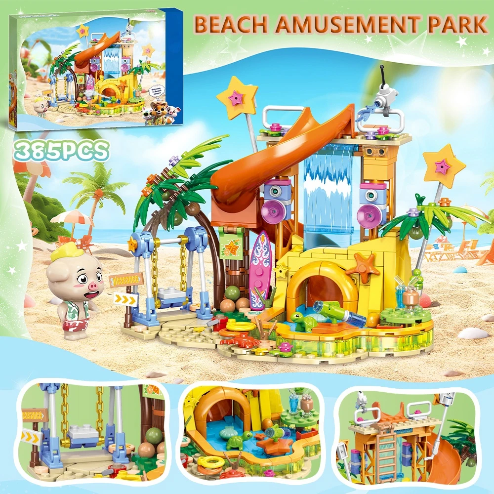 Vriend Creatieve Cartoon Strandpark Aan Zee Camping Auto Tent Bouwstenen Stad Straat Uitzicht Model Meisjes Speelgoed Kids Geschenken