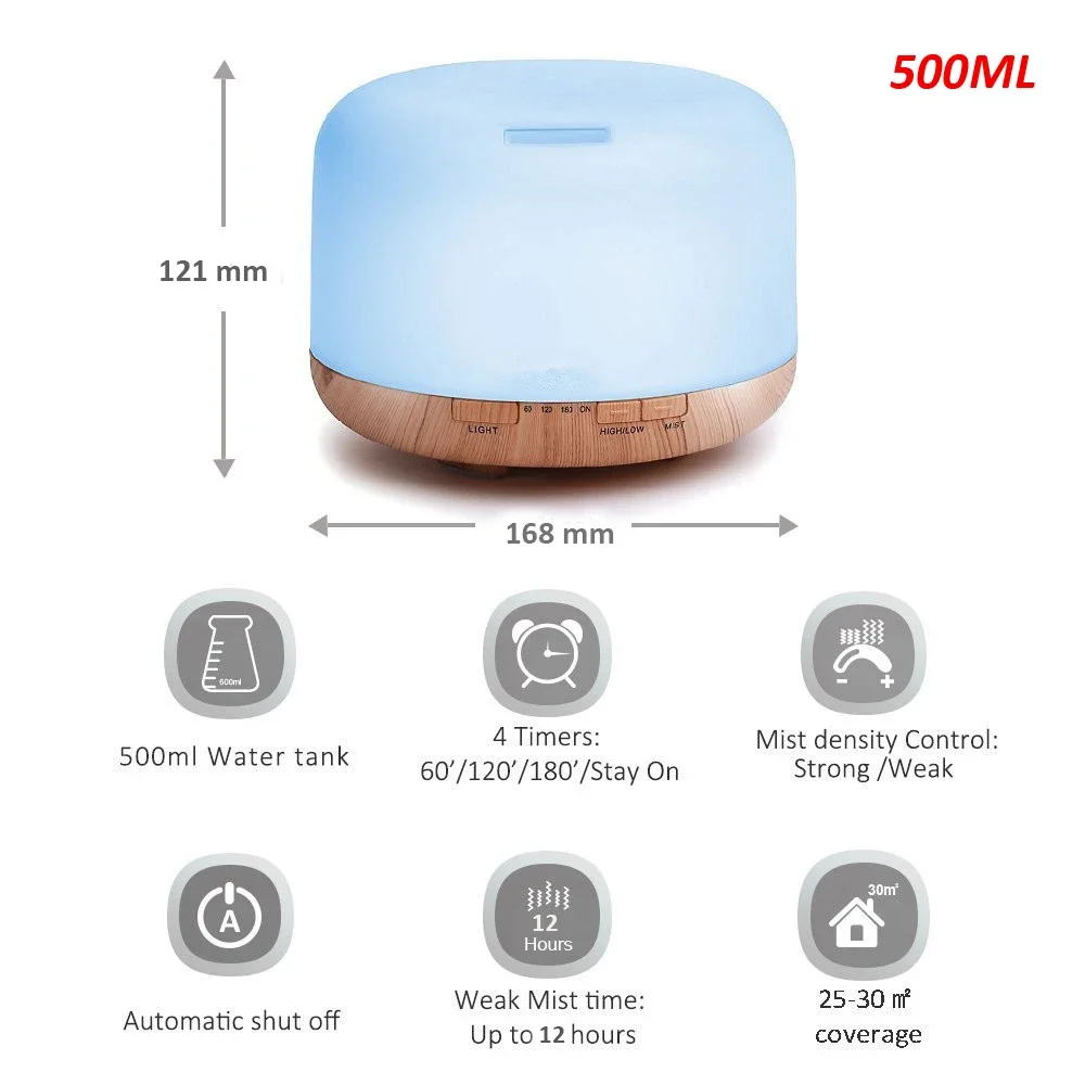 Air Humidifier Essential oil Diffuser 300ML 500ML Ultrasonic Cool Mist Maker Fogger Humidifier LED Lamp Aroma Diffuser Electric