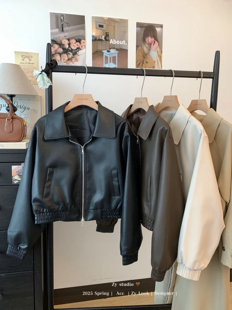เสื้อแจ็คเก็ตหนังเทียมทรงหลวม แขนยาว ซิปหน้า ปกพับ สไตล์สตรีทแวร์ สำหรับผู้หญิง ฤดูใบไม้ร่วง ฤดูหนาว
