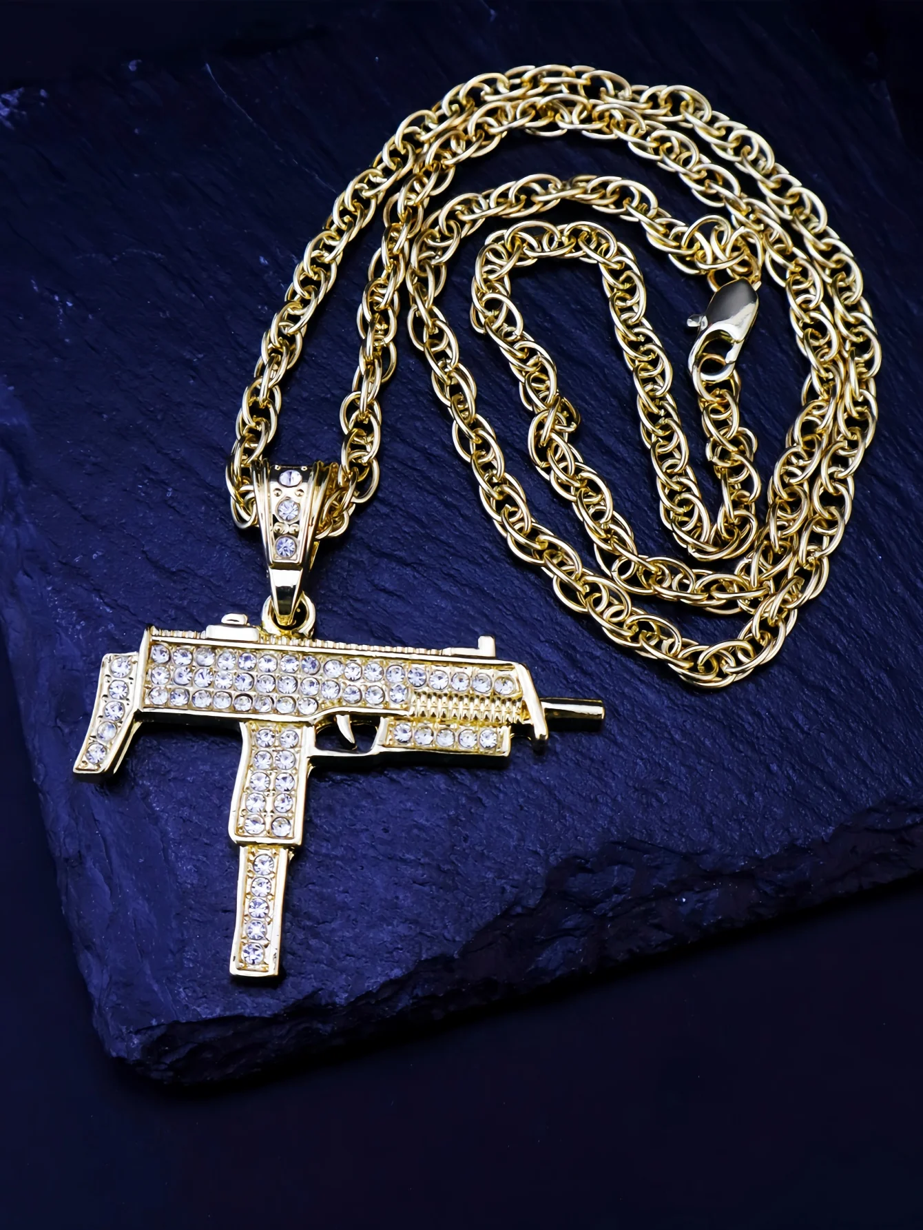 Men Rhinestone Gun Charm Necklace