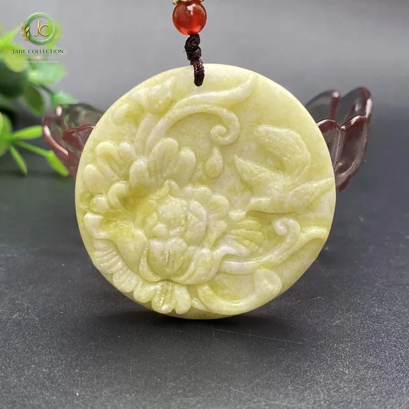 Natural Lantian Jade Handmade Carving Peony Pendant Fashion Boutique Jewelry Men's Women's Women's Magpie Necklace Gift