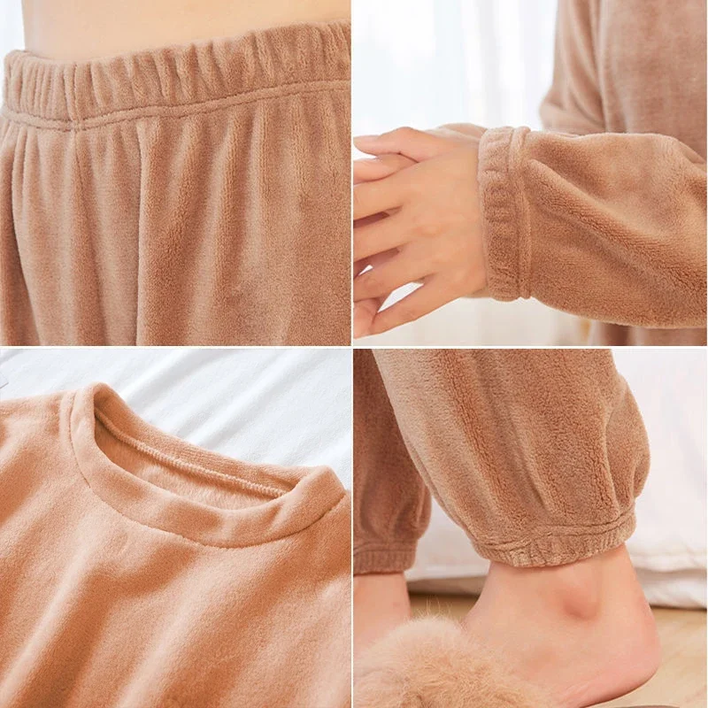 Women Warm 2 Piece Set Embroidered Pajamas Fall Velvet Fleece Thickened Tops+Loose Pants Casual Print Home Clothing Winter Suit