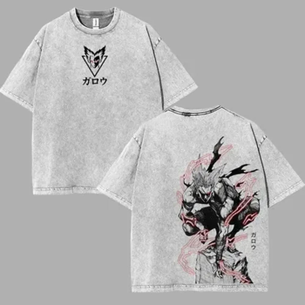 Garou ONE PUNCH-MAN Printed T Shirt For Men Clothing Street Y2k Vintage Washed T-shirt Casual Cotton Oversized Tees Streetwear