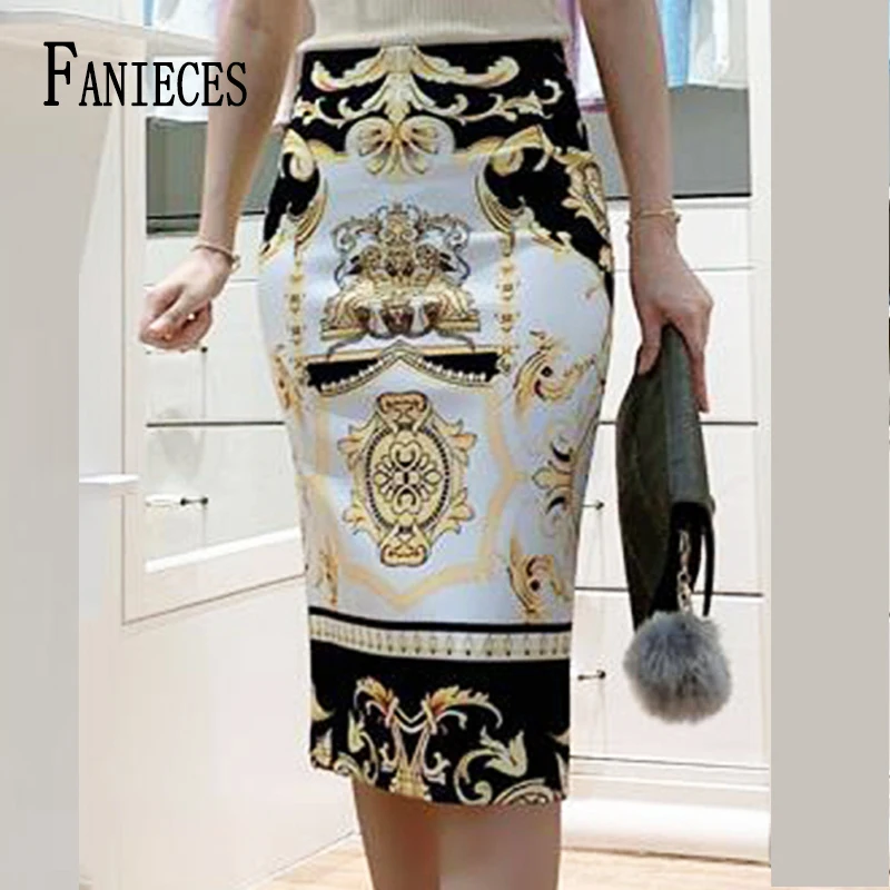 FANIECES Vintage In Mỏng Midi Bút Chì Mùa Hè Cao Cấp Công Sở Thanh Lịch Nữ Ôm Body Váy Co Giãn Jupe Femme Faldas