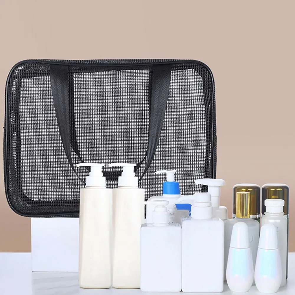 Grey Blue Mesh Shower Bag Mesh Quick Dry Handhold Storage Bag Large Capcity Foldable Bathroom Carry Tote