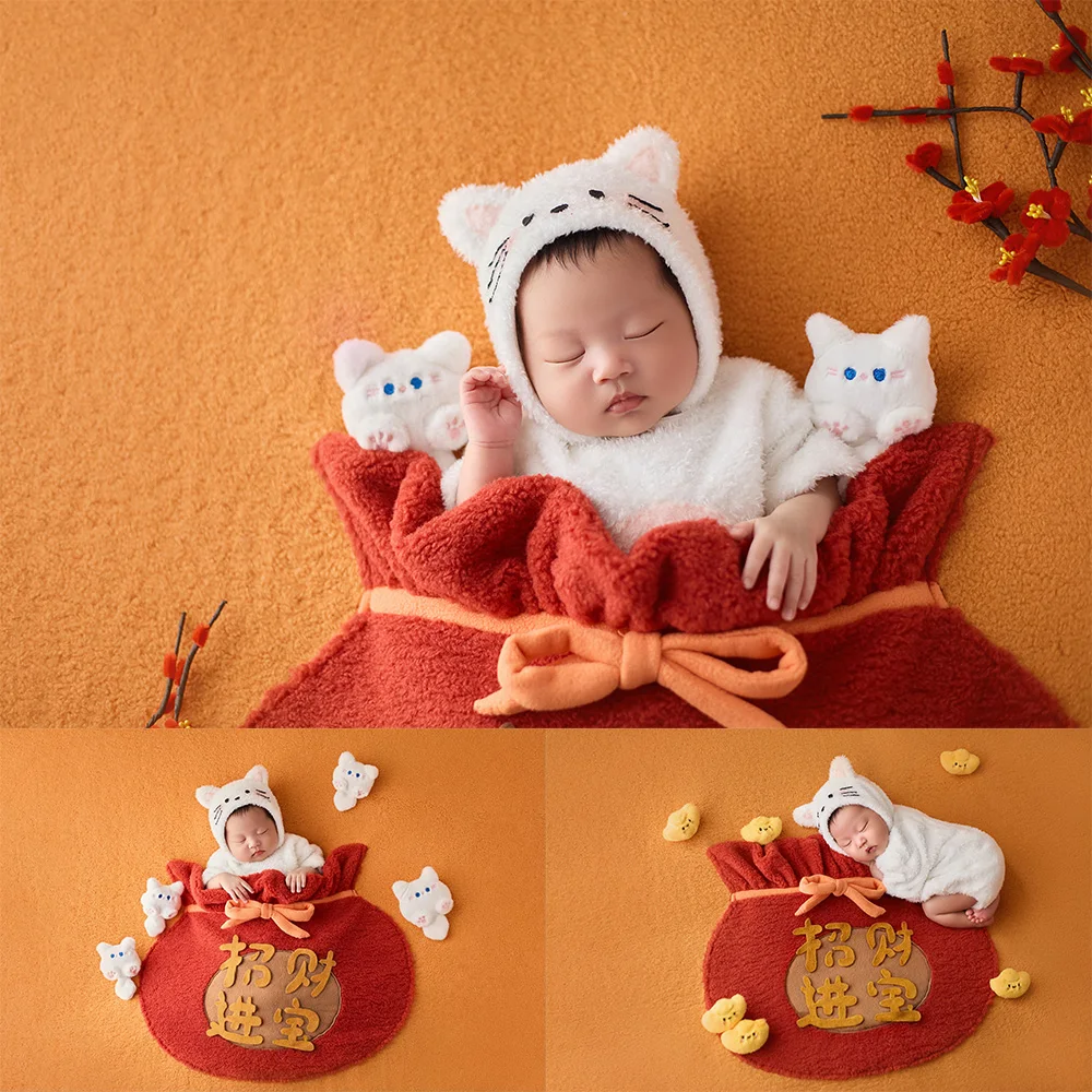 

Реквизит для фотосъемки новорожденных, милый пушистый костюм кота, декоративные куклы, сумка для удачи, стильное карманное одеяло, студия, счастливая тема, съемка