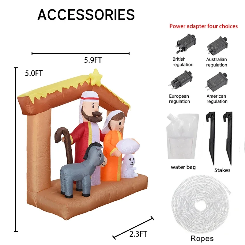5.9FT Inflatable Christmas Toy Nativity Scene Decor Holy Family Donkey Lamb LED Xmas  Home Ornament Gift Xmas Yard Decoration