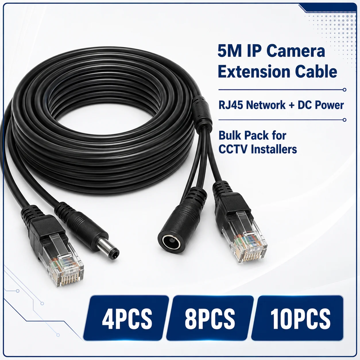 Surveillance Installation Bulk Wiring Kit 5M RJ45 DC Dual Function Cable 8-Core Network 2-Core Power Male Female 4/8/10PCS