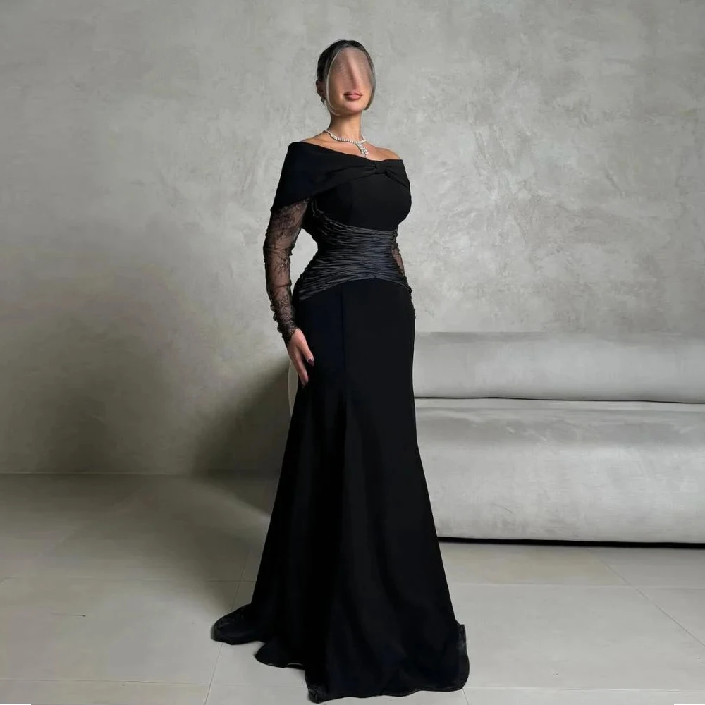 

Customized Black Long Evening Dresses with Lace Full Sleeves Elegant Wedding Dress for Women Party Off the Shoulder Prom Gowns