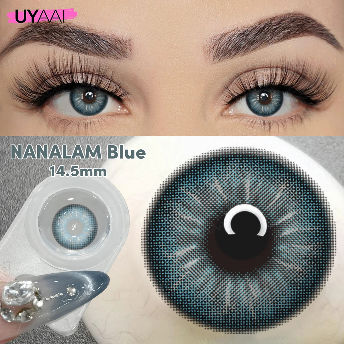 Uyaai 1 par de lentes de contato coloridas para olhos grandes olhos azuis pupilas coloridas cosplay lentes de contato preto cinza para beleza feminina