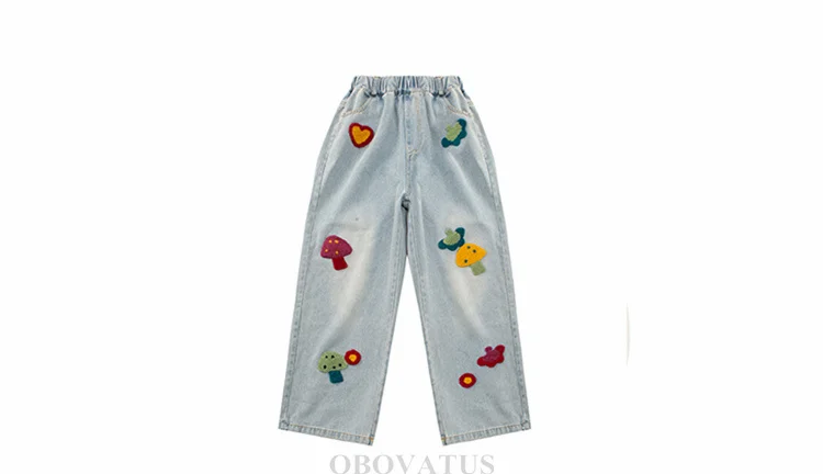 Frühlings-Kinderjeans mit Pilz-Applikationen für Mädchen, Neues Design, Street-Denim-Hosen, Kinder Slim Fit Regular Jeans-Hosen – Detail 6