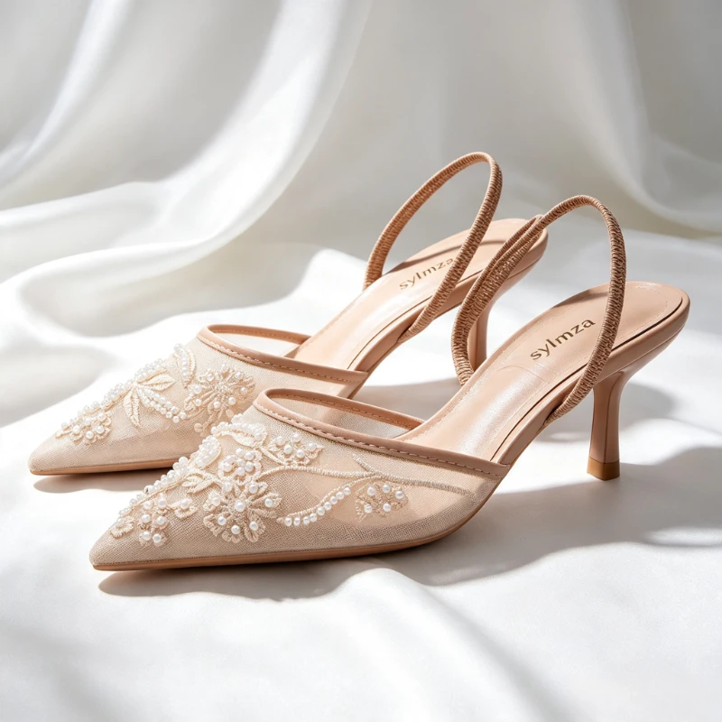 Elegant Mesh Embroidery High Heels for Women Sexy Pointed Toe String Bead Slingback Heeled Sandals Luxury Banquet Designer Shoes view 3