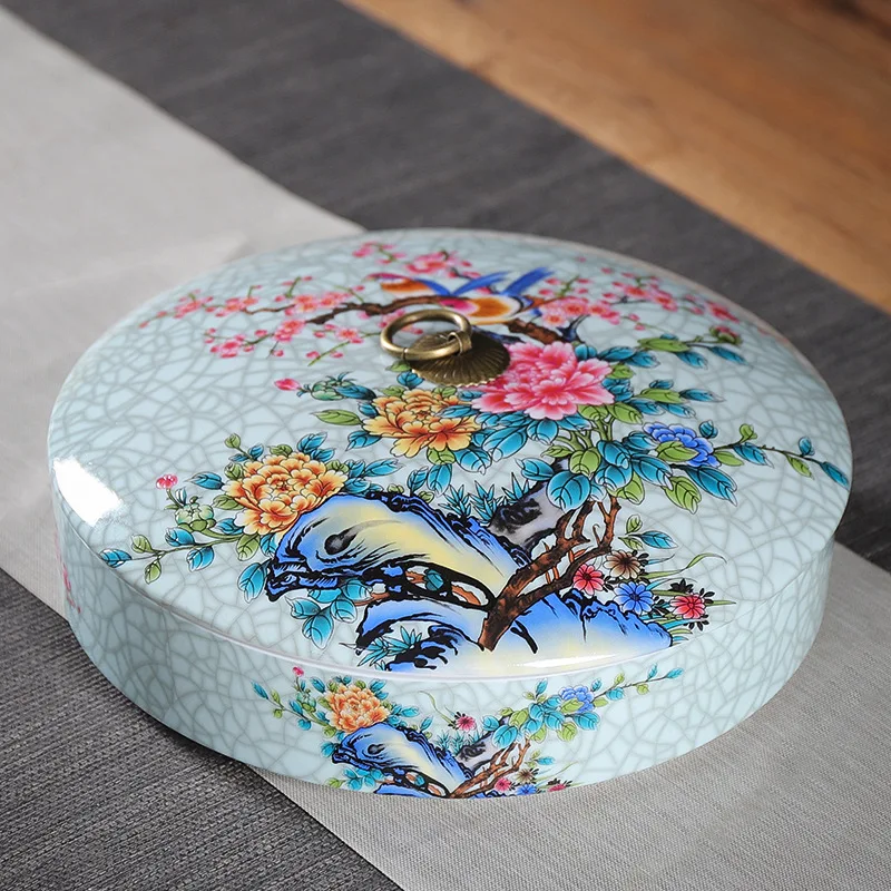 Modern Enamel Painted Flower Tea Pot Disc Shape Ceramic Storage Box Large Capacity Sealed Jar Storage Container Home Decoration