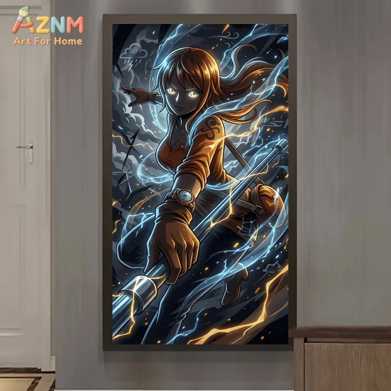 VIVID GEM Full Drill Diamond Painting Kit One Piece Nami Blue Lightning 5D DIY Manga Character Cross Stitch Room Decor Gift