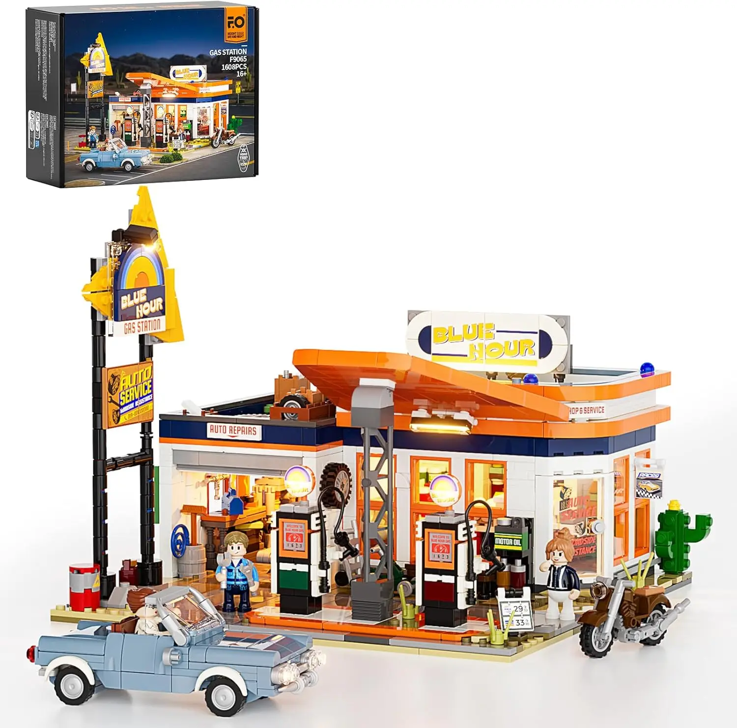 

FUNWHOLE 1608 Pcs City Gas-Station LED Light Building-Bricks Set Road Trip Modular Car Service Station Collection With Color Box
