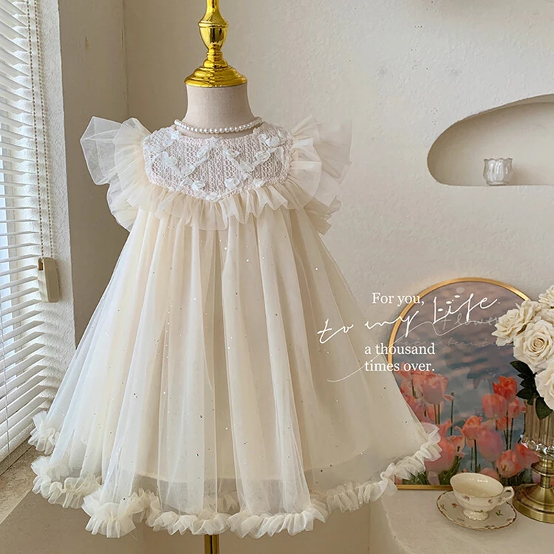 Korean Style New Summer Girls Dress Solid Color Appliques Mesh Sweet Round Collar Party Princess Dress For 2-8 Years