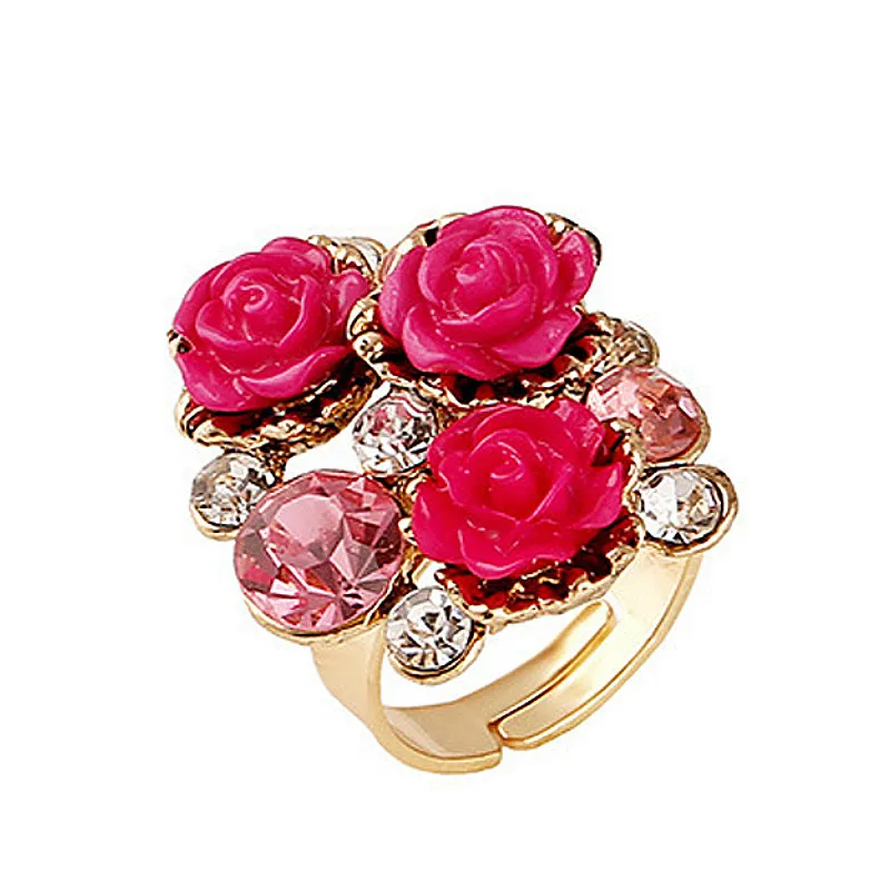 Romantic Colorful Resin Flower Crystal Rhinstone Female Simulated Adjustable Ring for Women Jewelry Wholesale