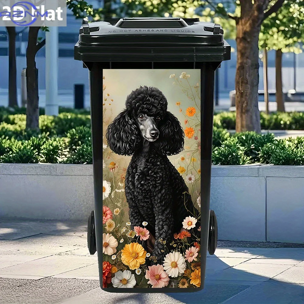 1pc of a 2D Flat Black Poodle Sticker Featuring Flowers, Designed for Use on a Trash Bin. It Is Self-Adhesive And Waterproof,