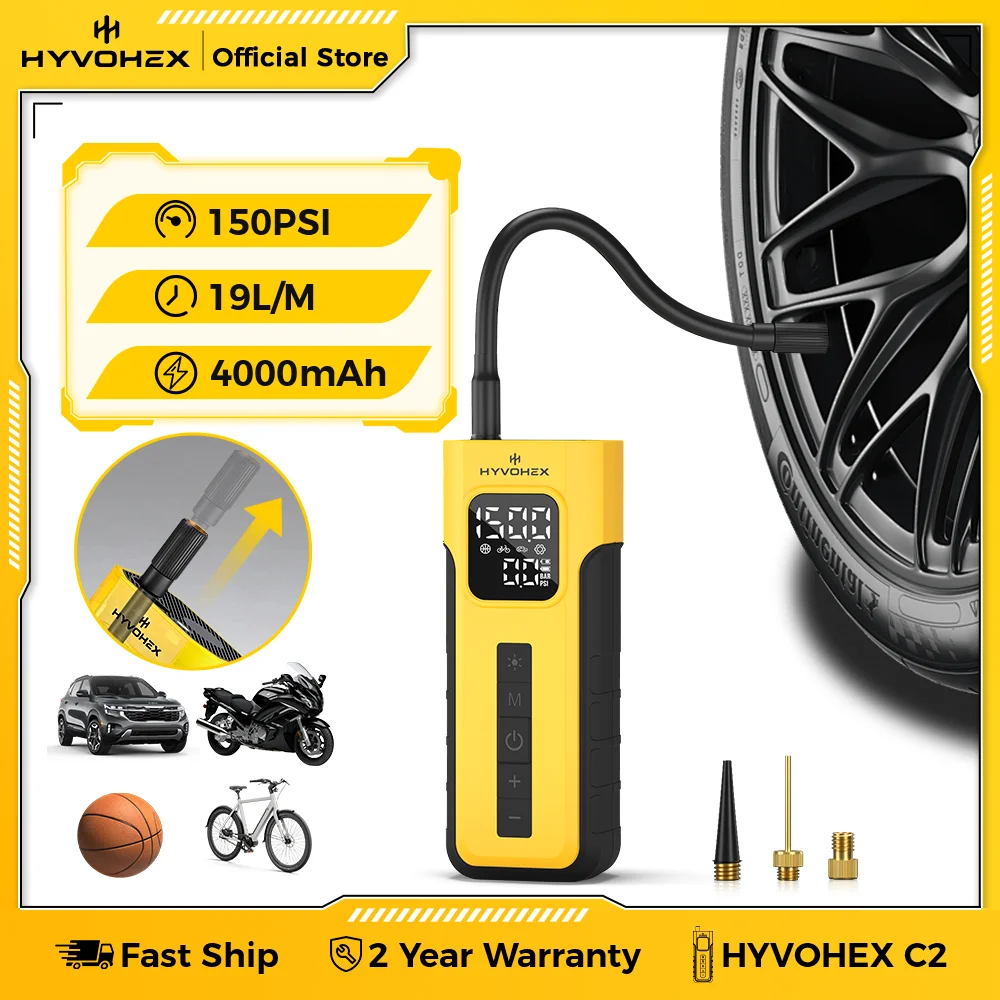

Новый портативный насос для накачивания шин HYVOHEX C2, 100% рабочий цикл, автомобильный компрессор, 4000 мАч, светодиодный светильник, беспроводной воздушный насос, шарики для мотоциклов