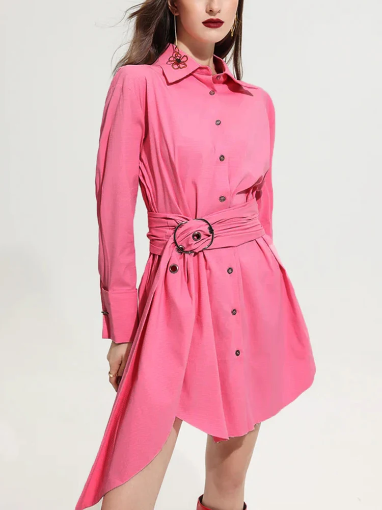 TWOTWINSTYLE Solid Casual Patchwork Belt Blouse For Women Lapel Long Sleeve Spliced Single Breasted Chic Blouses Female Fashion
