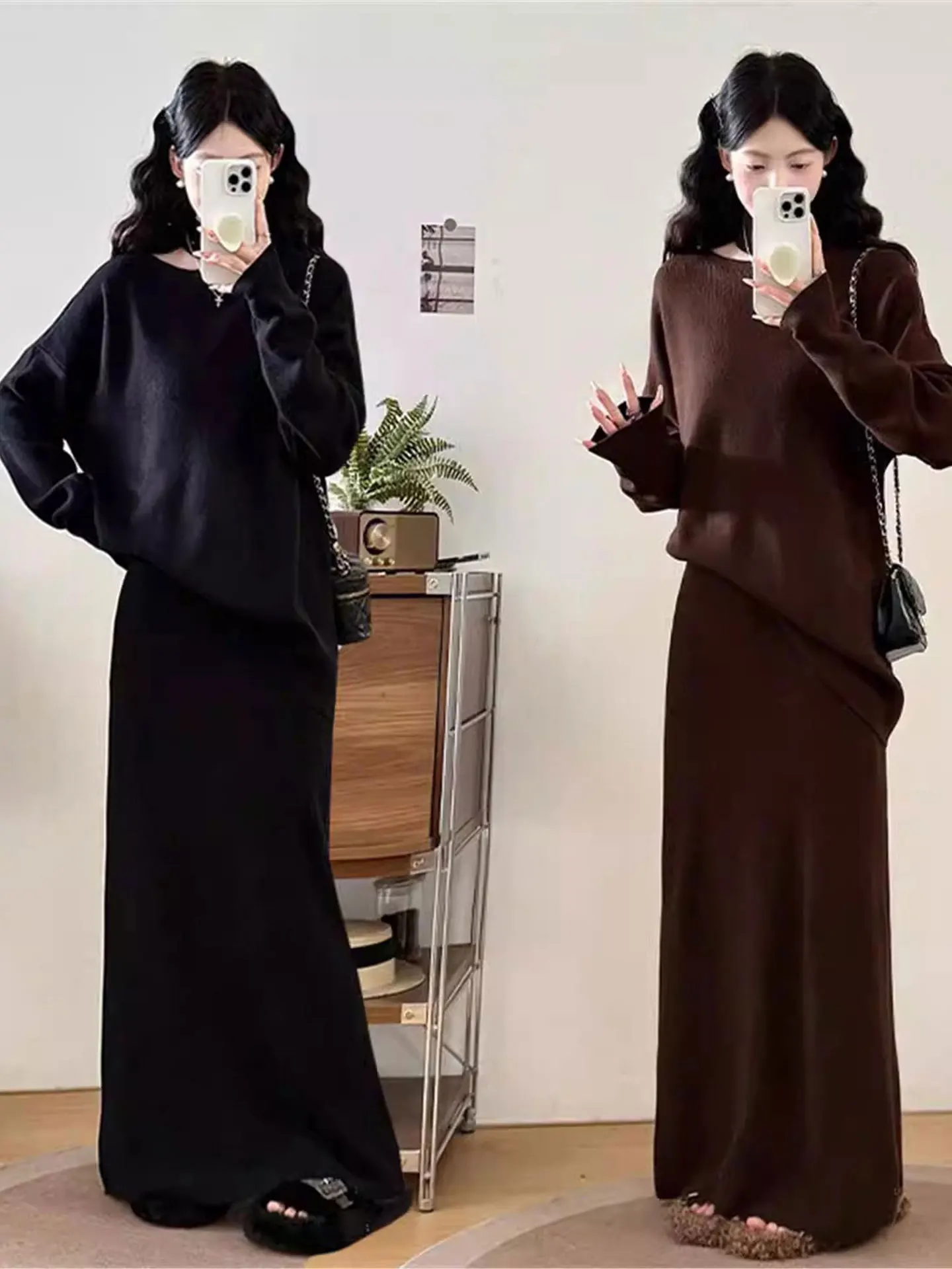 

Winter Knitted Sweater And Skirt Set Hollow out oulder Bellovi Women's plus Size Faion Two-Piece Ensemble Casual Sle