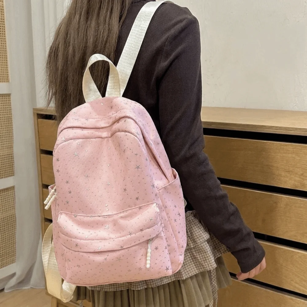 Cute Print Star Backpack Lightweight Large Capacity Nylon Backpack Korean Style College Style Students School Bag Outdoor