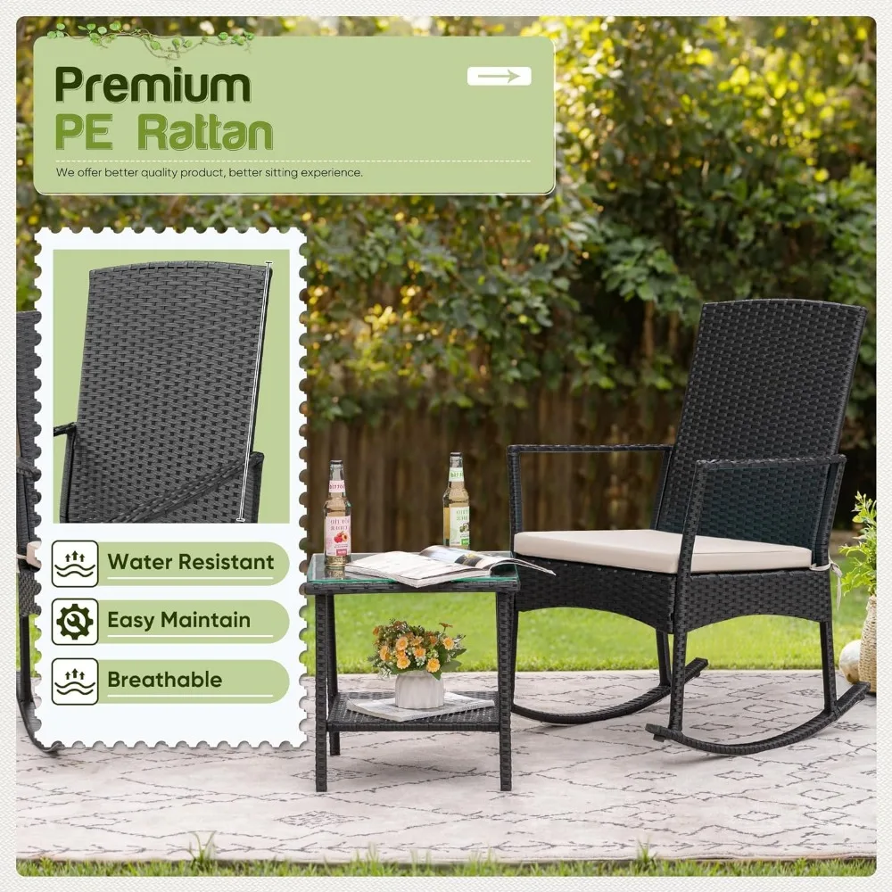 Flamaker Rocking Chair Outdoor PE Rattan Patio Chairs with Glass Table High Back Porch Rocker for Balcony, Garden, Backyard (Bei