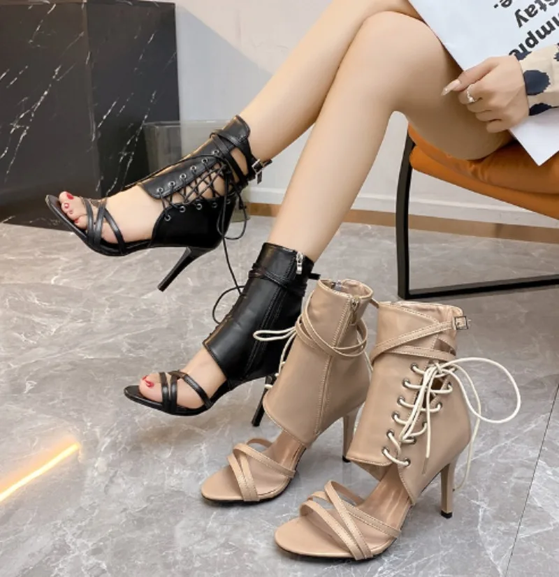 Roman Buckle Strap Shoes Women Sandals Sexy Gladiator Lace Up Peep Toe Sandals High Heels 9.5CM Woman Ankle Boots Black Aprict