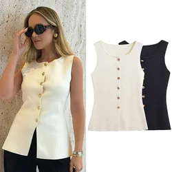 Fashion Golden Single Breasted Sweater Vest For Women Causal Sleeveless V-neck Slim Knit Cardigan Autumn New High Street Tops