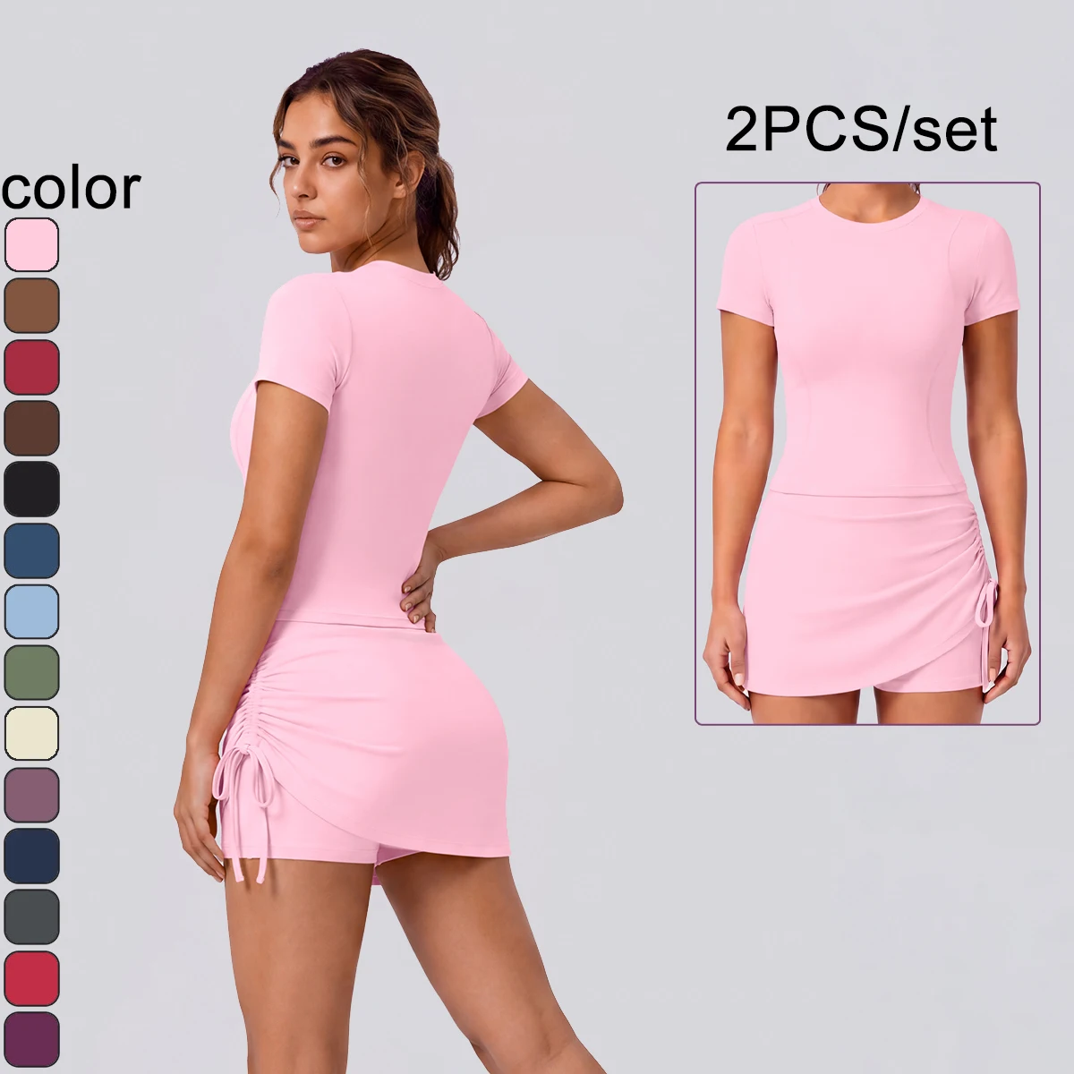 2PCS Woman Gym Yoga Set Solid Color Quick Drying Short Sleeve Workout Top Summer Shirring Tennis Skirt Yoga Short Skirt Yoga Set