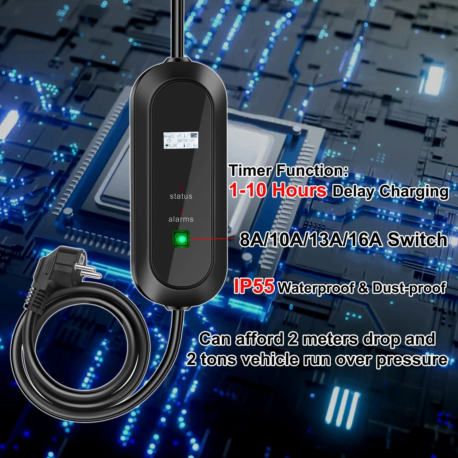 Teschev EV Car Charger GBT 16A 3.5KW Level 2 Portable Adjustable Current Charging Appointable Fast Charging for Electric Car