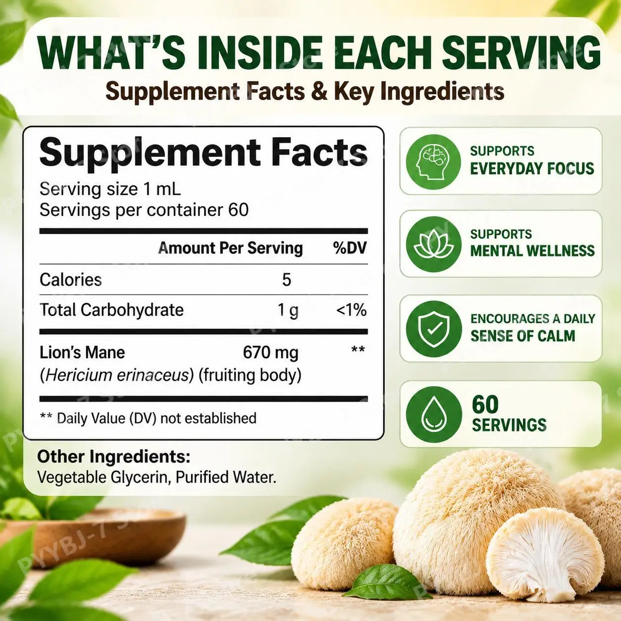 Lion's Mane Liquid Drops Focus & Mental Clarity Mood Calm Alcohol-Free Sugar-Free Mushroom Extract 670mg Digestive Comfort 60ml