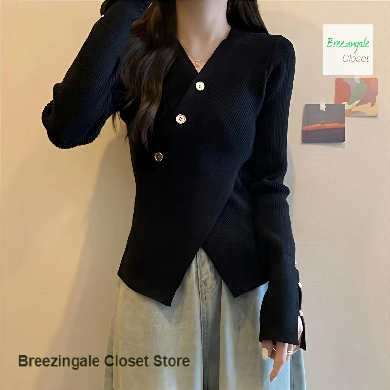 

Korean-style irregular cross V-neck knitted bottoming shirt women's spring and autumn new style with chic and unique tops.