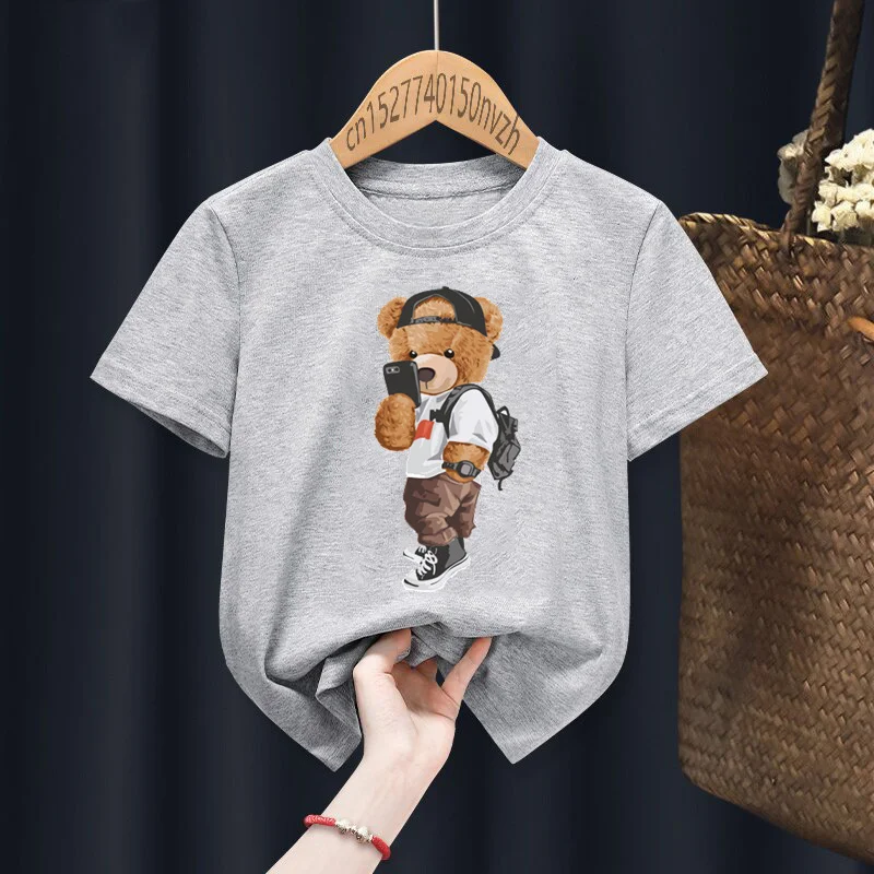 Lustige Bär Selfie Print Rot Kind T-shirts Kinder Baby Schwarz Harajuku Kawaii Kleidung Junge Mädchen Tops Geschenk Präsentieren, drop Schiff