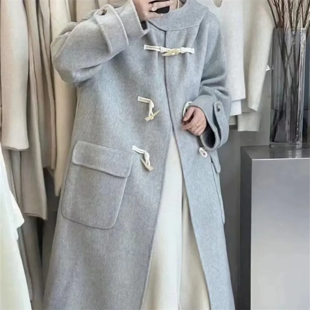 New Loose Horn Button Hooded Fashion Long Sleeve Real Woolen Coat Warm Outerwear Autumn Winter Double-sided Woolen Coat Women