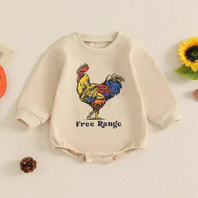 ベビー秋バブルロンパースルースターレタープリント長袖クルーネックスウェットシャツジャンプスーツ